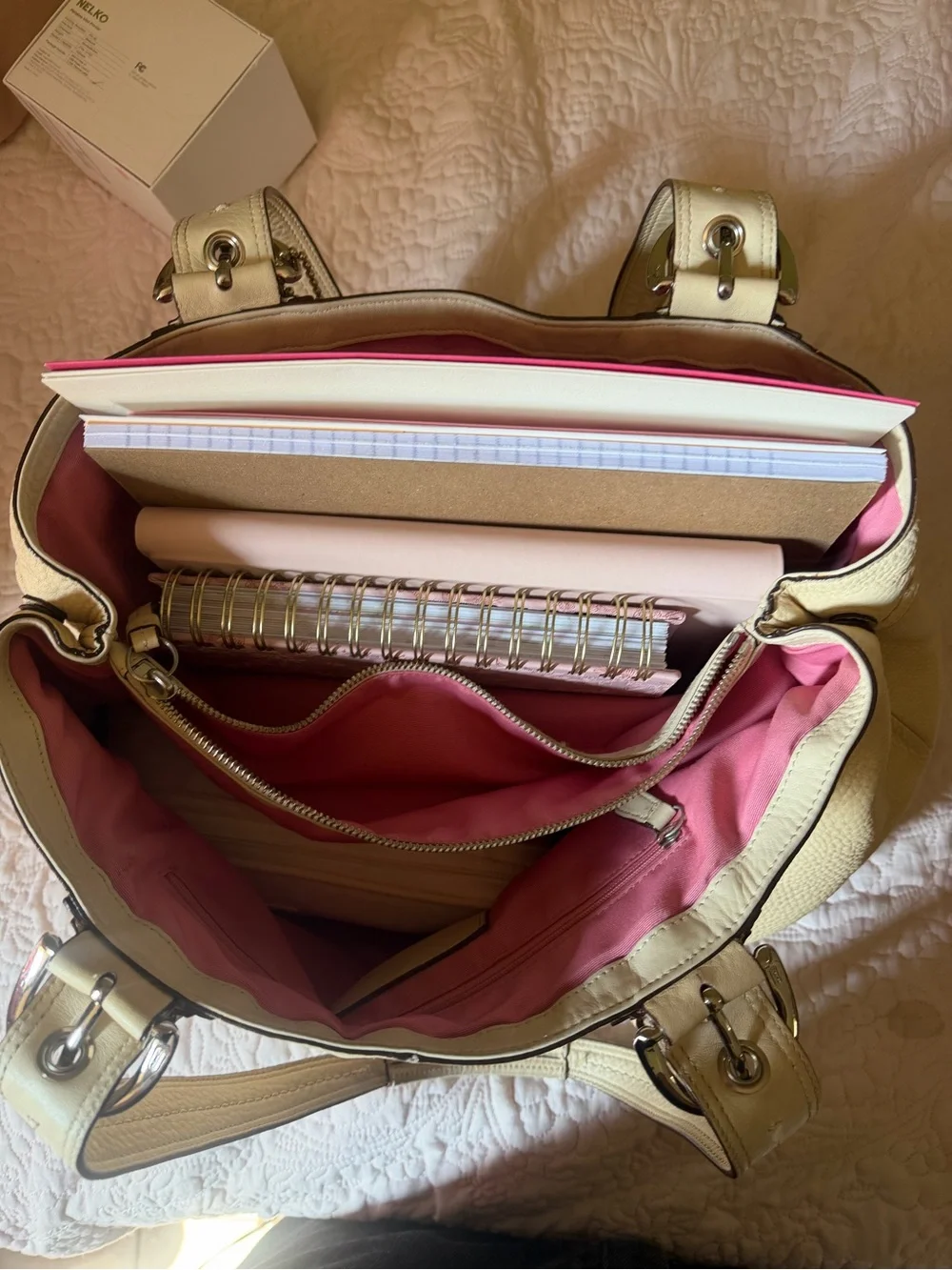 Cream Leather Tote Bag with Pink Interior